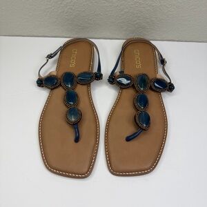 Chico’s Women’s The Blue Beaded T-Strap Lambskin Leather Boho Sandals Size 10